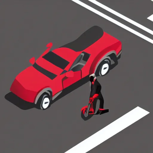 Image similar to isometric view of a man with a red jacket. walking towards a red futuristic motorbike. hyper realistic, dramatic lighting, ultra detailed, sharp focus, wide angle, digital illustration, trending on artstation