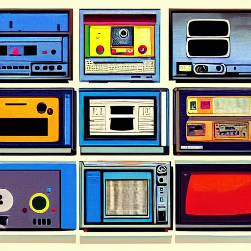 Image similar to an array of crt televisions stacked on each other, antenna, vintage radio, video game controller, n 6 4, acrylic painting