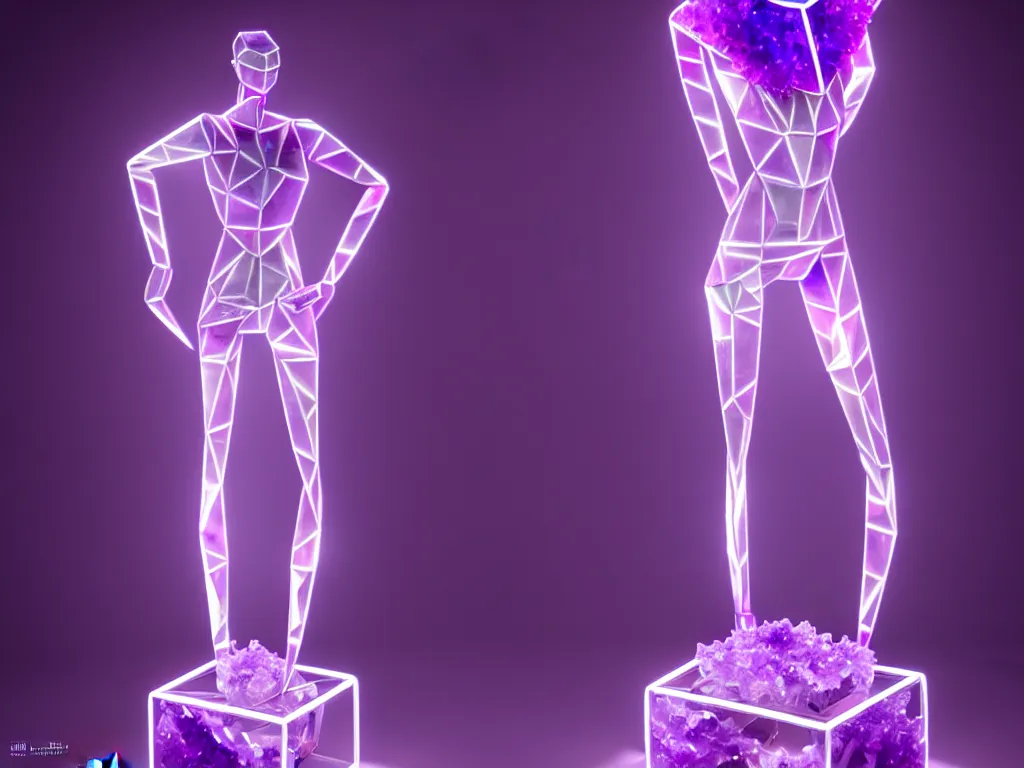 Image similar to beautiful mannequin sculpted out of amethyst by billelis + lit with purple 3 d geometric neon + chrome geometric cubed bonsai plants!!!!, doorway opening with neon pink geometric light, clean linework, dramatic, finely detailed, rule of thirds, moody, confident, award winning, 4 k, trending on artstation, photorealistic, volumetric lighting, octane render