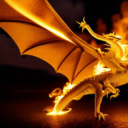 Image similar to gold-scale dragon flying through dark night sky, shooting flames that scatter like lightning, cinematic, hyper realism, high detail, octane render, 8k
