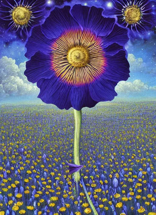 Image similar to detailed, intricate blue black and purple papaverum flower on the field, nebula, galaxy in the sky, winning award masterpiece, fantastically beautiful, illustration, aestheticly inspired, jacek yerka, upscale with anguissola sofonisba work, artstation, 8 k