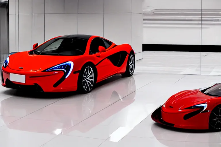 Image similar to a red mclaren standing in a white void with a reflective white floor, reflective car, realistic, intricate, white light