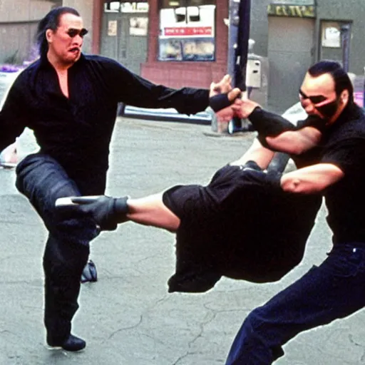 Prompt: steven seagal roundhouse kick child, in the style of daily news