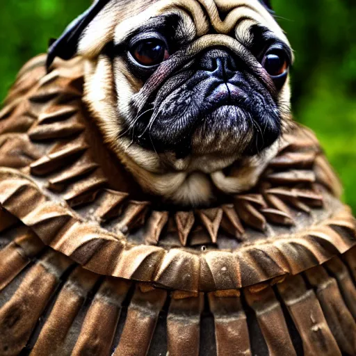 Image similar to a Pug with the armor of a pangolin, national geographic photograph