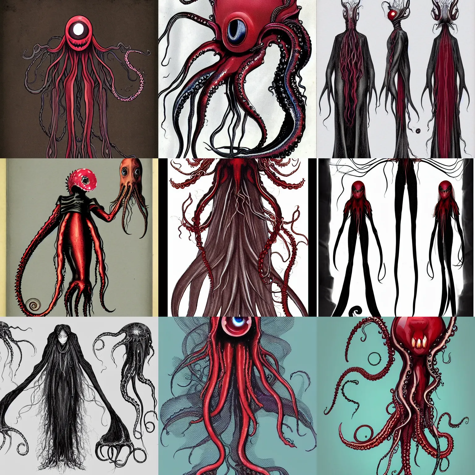 Prompt: a vintage vampire themed tall thin kracken Portuguese man o war jellyfish octopus thing with big black alien eyes and a squid beak for a mouth with three webbed tentacle arms connected by a bat like membrane like a cape and skinny thin human legs wearing dark crimson red ninja garb based on vampire cloaks as character design sheets that focuses on an ocean setting with help from lead artist Andy Suriano from rise of the teenage mutant ninja turtles on nickelodeon using artistic cues for the game fret nice and the lead character designer for ratchet and clank rift in time and hazbin hotel by Vivienne medrano