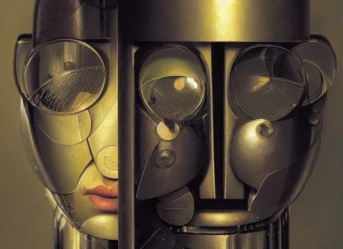 Image similar to asymmetrical portrait headshot of sci fi metallic human, bright eyes, melancholic complex geometric figure liminal biomechanical by oskar schlemmer, moebius, john berkey, film grain, oil on canvas, portrait facial head, featured on artstation, hd wallpaper, 8 k, bright colors, global radiant light