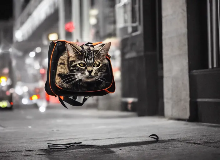 Image similar to photography of a Cat being carried in a backpack . in a new york street. award winning photo, led lighting, night, 130mm, sharp, high res