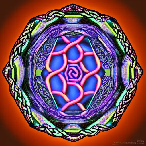Image similar to ornate psychedelic twisting three dimensional celtic pattern vortex inside a hexagonal shape, intricate detail, complex