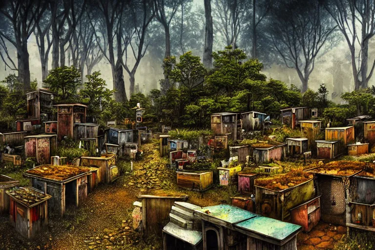 Prompt: simplicity, favela graveyard honeybee hive, fungal forest environment, industrial factory, cheerful, award winning art, epic dreamlike fantasy landscape, ultra realistic,