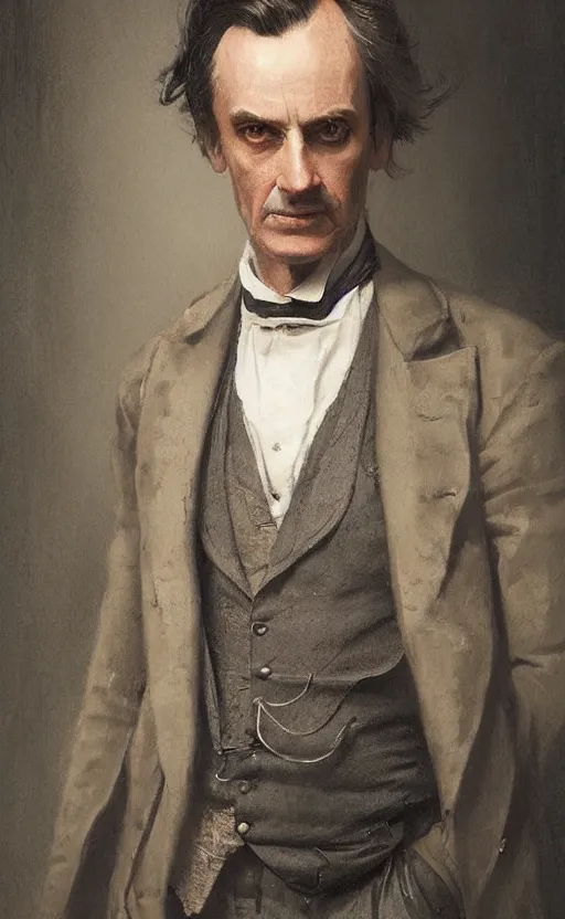 Prompt: portrait of a middle aged victorian gentleman, suit and waistcoat, male, detailed face, victorian, highly detailed, cinematic lighting, digital art painting by greg rutkowski