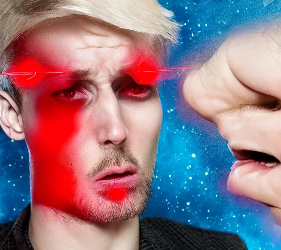 Image similar to hyper realistic portrait of a man with blonde two sides hair and thin face lines, he is throwing red lasers with his eyes and is very angry