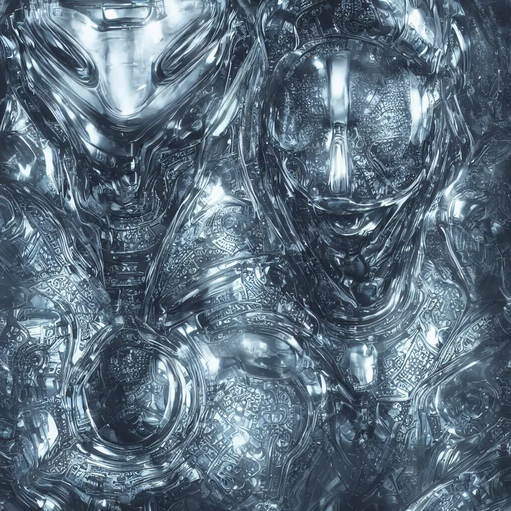 Prompt: an insanely detailed cibernetic artwork of a futuristic artificial intelligence superstar, extremely detailed water texture, centered image, perfectly symmetrical alien face, with frames made of detailed fractals, octane render, 4k, insanely detailed, detailed grid as background, cgi