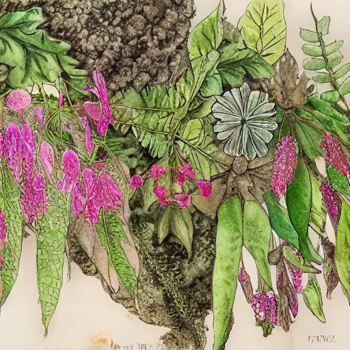 Image similar to delicate garden on paper floating puffy vines botanical 1 9 2 0 herbarium botanic watercolors river rain iridescent 8 k wide angle realistic shaded fine details, artstation italian rainbow colonnade oak pinecone gardena architecture pompeii