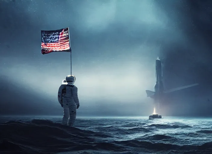 Image similar to astronaut holding a flag in an underwater desert. a submarine is visible in the distance. dark, concept art, cinematic, dramatic, atmospheric, 8 k, trending on artstation, blue, fish, low visibility, fog, ocean floor, christopher nolan, interstellar