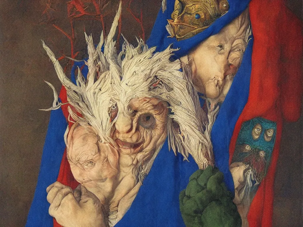 Image similar to Portrait of albino mystic with blue eyes, with beautiful exotic Tibetan shamanic death mask. Painting by Jan van Eyck, Audubon, Rene Magritte, Agnes Pelton, Max Ernst, Walton Ford