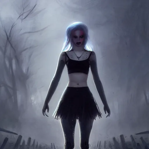 Image similar to teen girl kerli koiv mini skirt crop top standing in cemetery, gothic, darkwave, darksynth, concept art, sharp, digital matte painting, art by greg rutkowski, wlop, dramatic lighting, trending on artstation