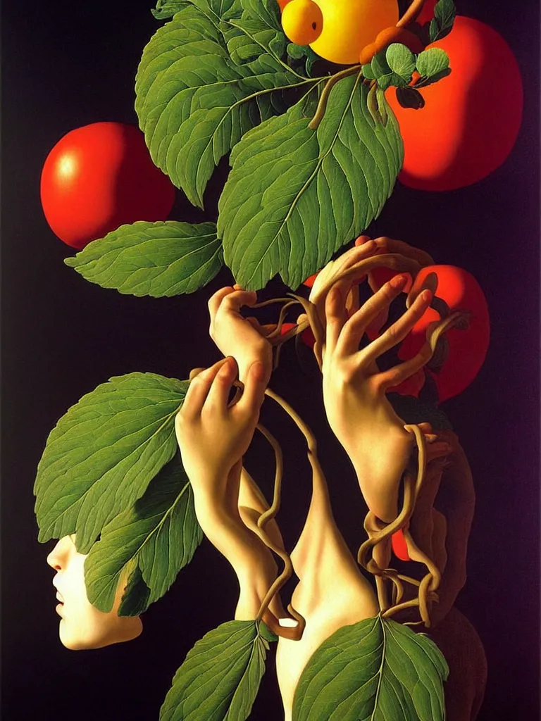 Image similar to hyperrealistic still life portrait a mind imagining itself in the form of beautiful plants, jungian archetypes, by caravaggio, surrealism, vivid colors, serene,, by rene magritte