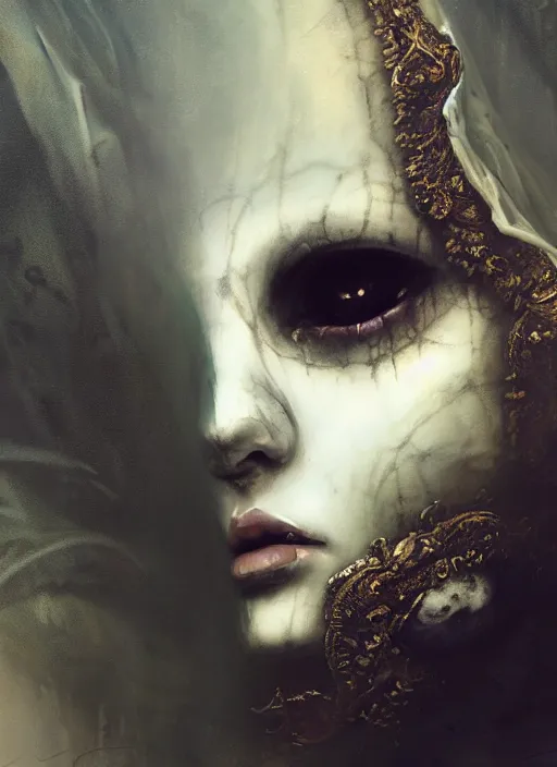 Image similar to close up of a veiled half scull mask girl on the ruins temple, looking at the camera very curiously, smog on the floor, extremely beautiful and aesthetic and attractive and cute detailed face and body, chiaroscuro, model pose, fantasy illustrations, by makoto shinkai and jeremy lipking and ferdinand knab