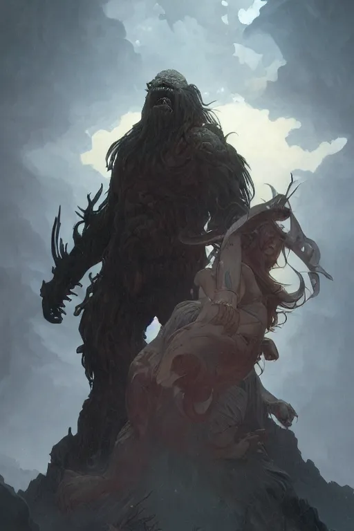 Prompt: giant revenant looms over a tiny human, high fantasy, horror, dnd, highly detailed, smooth, sharp focus, chiaroscuro, digital painting, artgerm and greg rutkowski and alphonse mucha