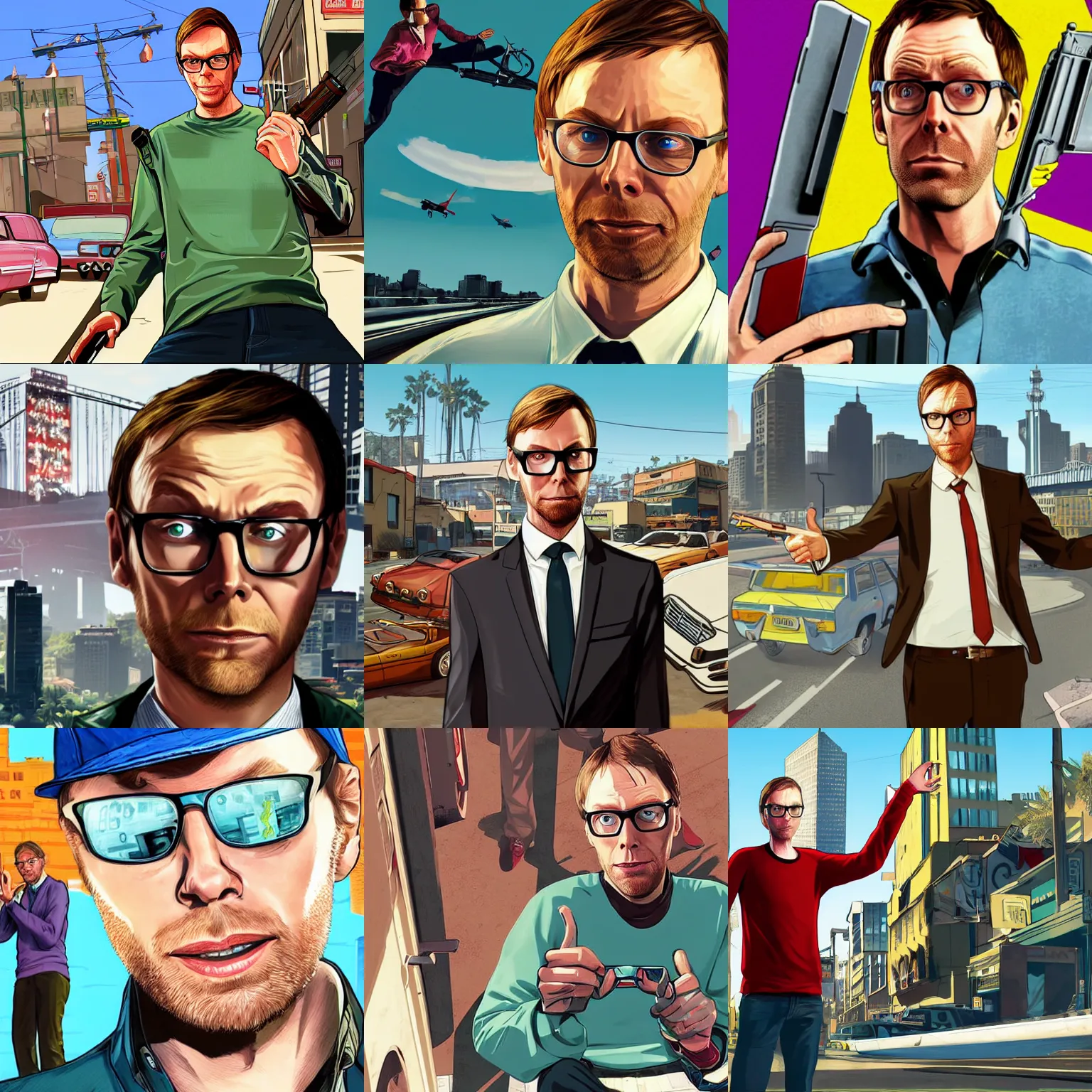 Prompt: stephen merchant in gta v promotional art by stephen bliss, no text