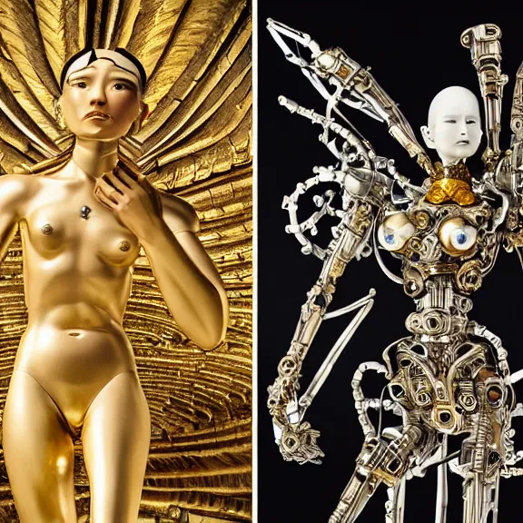 Prompt: still frame from Prometheus movie by Makoto Aida, assembly of mechanical angel gynoid by Malczewski metal couture by Guo pei by neri oxmn painted by Caravaggio and by Hisashi Tenmyouya by Fuyuko Matsui by Makoto Aida by Yasunari Ikenaga by Takato Yamamoto