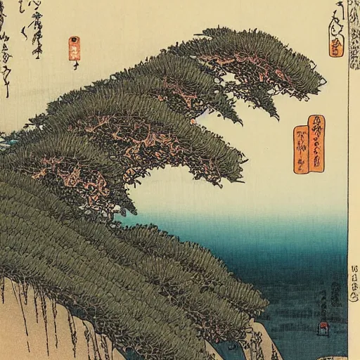 Image similar to painting of a lush natural scene on an alien planet by katsushika hokusai. beautiful landscape. weird vegetation. cliffs and water.