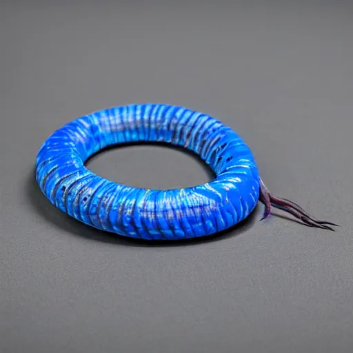 Image similar to studio photograph of a matte dark gray worm with a neon blue head and tail