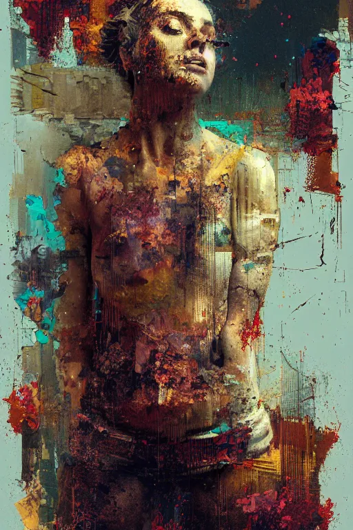 Prompt: a beautiful glitched painting by robert proch of a woman in a glitched bathroom, metal rust and plaster materials, pixel sorting, color bleeding, brushstrokes by jeremy mann, still life, dark colors
