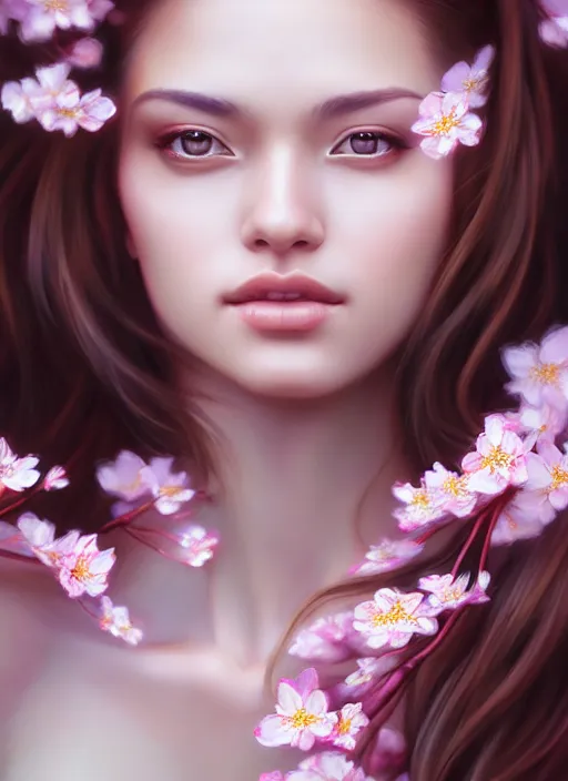 Image similar to photo of a gorgeous female in the style of stefan kostic, realistic, half body shot, sharp focus, 8 k high definition, insanely detailed, intricate, elegant, art by stanley lau and artgerm, extreme blur cherry blossoms