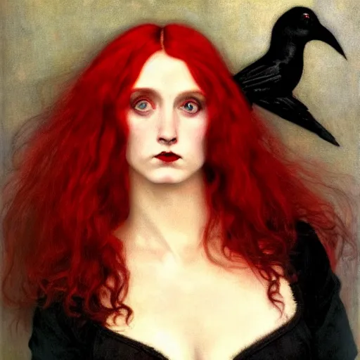Prompt: A striking Pre-Raphaelite witch with intense eyes and red hair, by John Collier