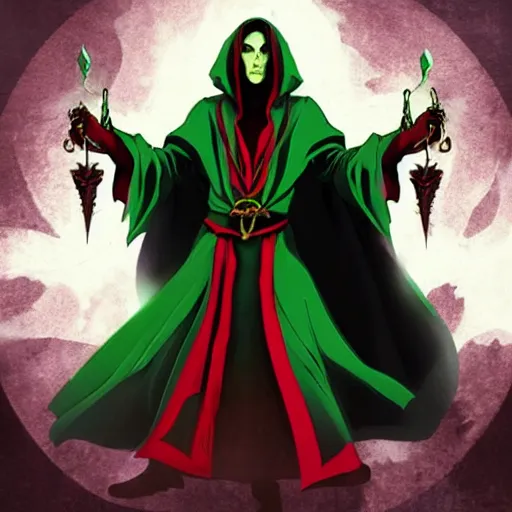 Prompt: Warlock, wearing dark green robes, controlling shadows, in the style of the castlevania show