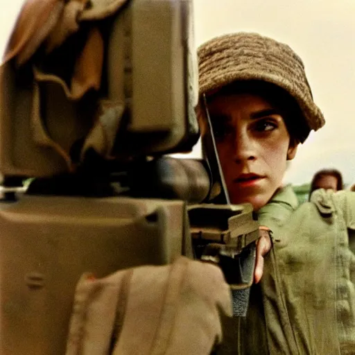 Image similar to film still, extreme far view, emma watson vietnam door gunner, film still from apocalypse now ( 1 9 7 9 ), 2 6 mm, kodak ektachrome, blue tint expired film,