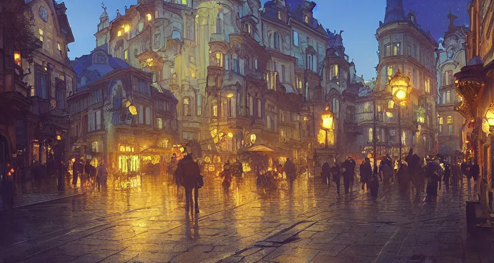 Image similar to prague art nouveau town during the lantern festival, volumetric lighting, glowing lights, 4 k, octane, digital painting, artstation, concept art, sharp focus, illustration, by john williams waterhouse, thomas kincade, donato giancola, and alphonse mucha