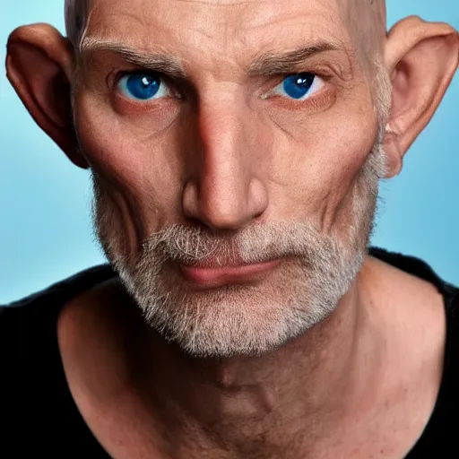 Prompt: tall bald man with blue eyes wrinkles strong jaw high cheekbones mustache small pointy nose no eyebrows large ears