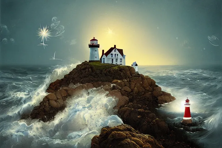Image similar to a painting of a lighthouse built on seashore rocky cliff with waves crashing into the rocks and sea birds flying on a starry night, in the style of ray caesar, digital art