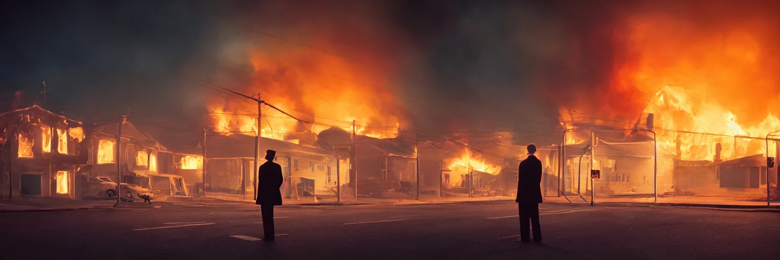 Prompt: detailed medium format photo, cinema still from a 9 0's scandinavian movie, sleazy man watching night streets while a single house burns in the background, haze, high production value, intricate details, 8 k resolution, hyperrealistic, hdr, photorealistic, high definition, tehnicolor, award - winning photography, masterpiece, amazing colors