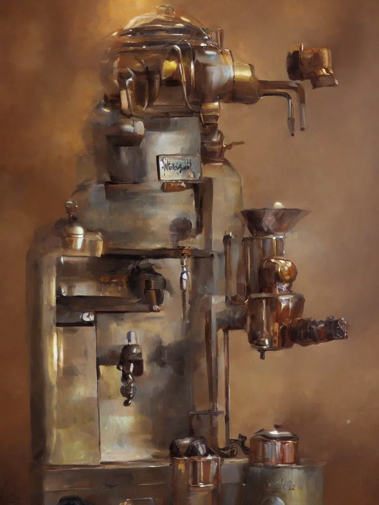 Prompt: oil painting of an ancient coffee machine, by Simon Stalenhaag, by Yoshita Amano, by Esao Andrews, sharp focus, fresh colors, conceptart, trending on artstation