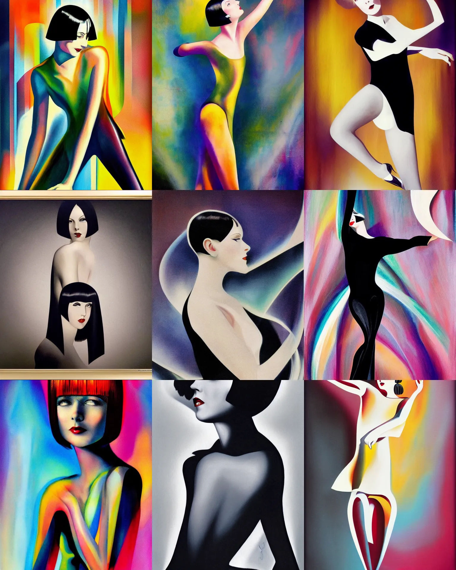 Prompt: full length portrait of 2 0 year old mary louise brooks dancing, shiny bob haircut, dramatic light, abstract art deco city background, air brush art, high contrast, sharp,, painted by ross tran 1 9 2 0 s