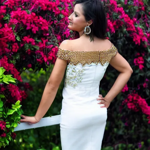 Prompt: colombian woman in pretty dress, smooth, elegant, shoulders, full body