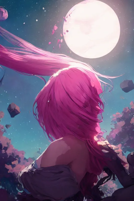 Image similar to A beautiful woman with medium magenta hair covering her face basking in the moonlight on an obsidian crystal bed below planets, tall tree, cinematic lighting, dramatic atmosphere, by Dustin Nguyen, Akihiko Yoshida, Greg Tocchini, Greg Rutkowski, Cliff Chiang, 4k resolution, trending on artstation