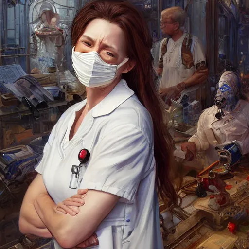 Image similar to epic portrait an female nurse in a white dress and short sleeves wearing a mask and closing her eyes, detailed, centered, digital painting, artstation, concept art, donato giancola, Joseph Christian Leyendecker, WLOP, Boris Vallejo, Breathtaking, 8k resolution, extremely detailed, beautiful, establishing shot, artistic, hyperrealistic, beautiful face, octane render