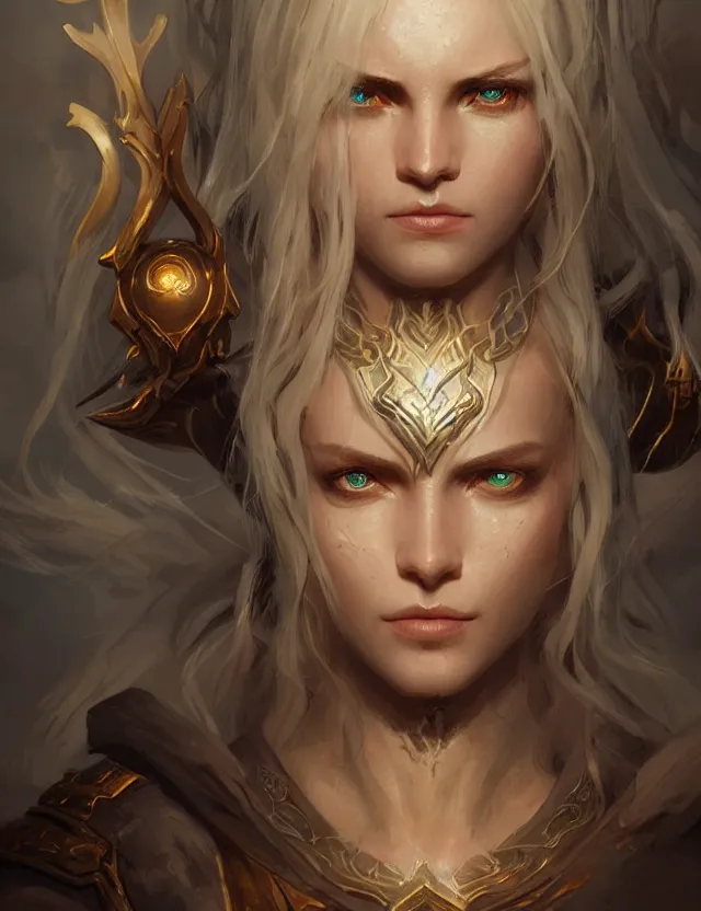 Prompt: close face portrait of a beautiful young blonde sorceress as diablo 3 concept art, art by ryo shiotani and greg rutkowski, intricate, beautiful, cute, cinematic lighting, vintage art by serge ivanoff, high resolution, very detailed