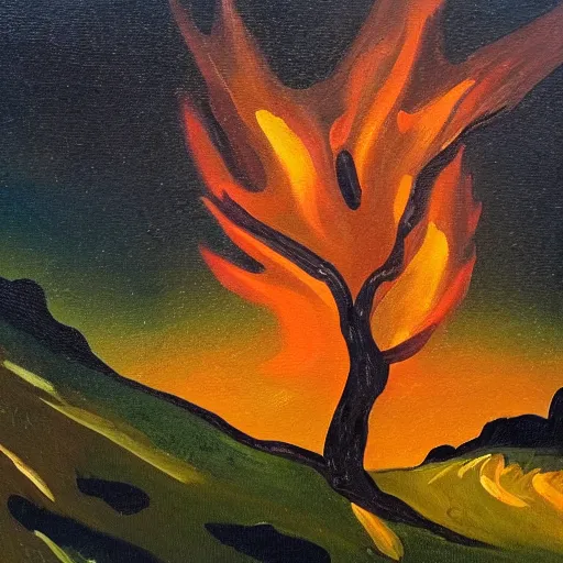 Prompt: A painting of a burning bush in mountainous terrain