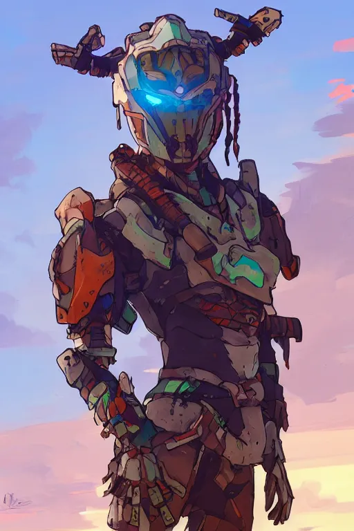 Image similar to combination suit armor aloy horizon forbidden west horizon zero dawn robot ninja mask helmet backpack tribal, art gta 5 comics, official fanart behance hd artstation by jesper ejsing, by rhads, makoto shinkai and lois van baarle, ilya kuvshinov, ossdraws radiating a glowing aura cgi rtx 2 0 2 2