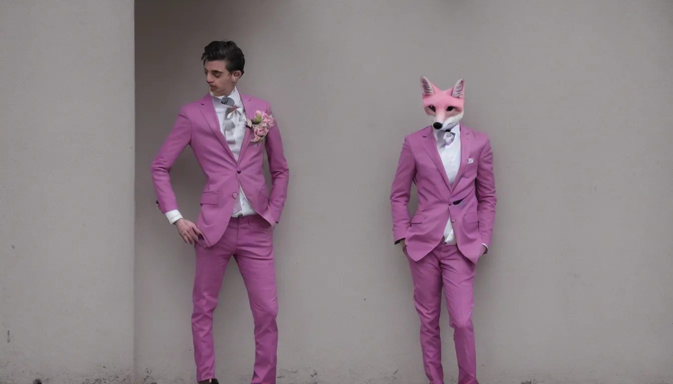 Prompt: pink fox in a suit 8 5 mm