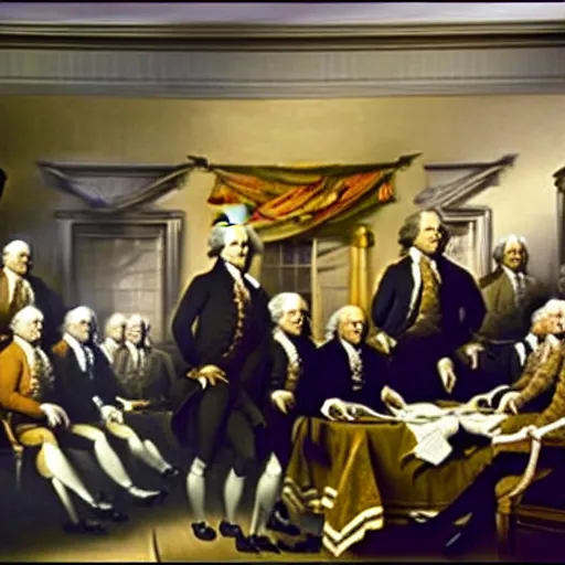 Prompt: film still of Danny Devito interrupting the signing of the declaration of independence and everyone is upset