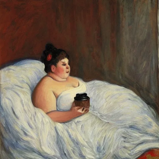 Prompt: a painting of a beautiful fat woman drinking coffee in a bed with white sheets in the style of Monet