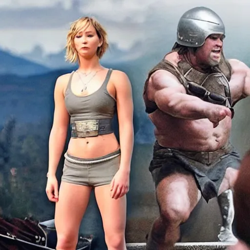 Prompt: first photos of 2 0 2 4 female 3 0 0 remake - muscular jennifer lawrence as leonidas, put on 1 0 0 pounds of muscle, looks different, steroids, hgh, ( eos 5 ds r, iso 1 0 0, f / 8, 1 / 1 2 5, 8 4 mm, postprocessed, crisp face, facial features )