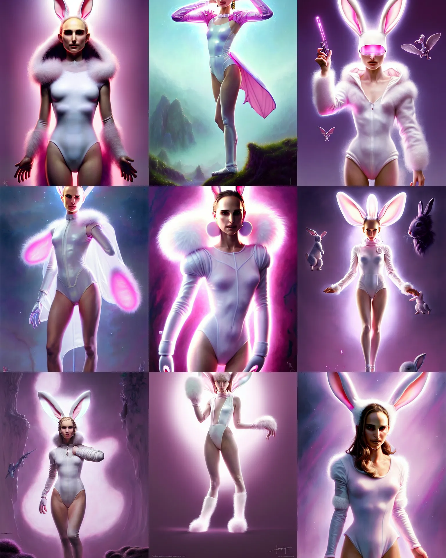 Prompt: beautiful fantasy character portrait, natalie portman, wearing oversized transparent pink raincoat and white leotard, bunny ears headband, ultra realistic, wide angle, dramatic lighting, little white furry creatures, very seductive pose, mass effect artifacts, highly detailed by peter mohrbacher, aaron horkey, hajime sorayama, boris vallejo,