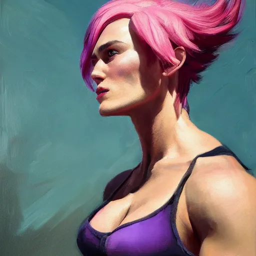 Image similar to greg manchess portrait painting of confident keira knightley with pink hair as beautiful thick muscular female bodybuilder zarya from overwatch, medium shot, asymmetrical, profile picture, organic painting, sunny day, matte painting, bold shapes, hard edges, street art, trending on artstation, by huang guangjian and gil elvgren and sachin teng